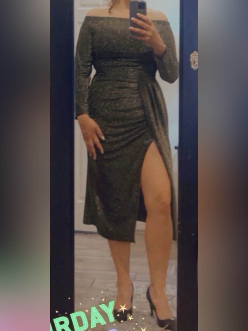 Glittery High-Slit Midi Dress in Dark Olive